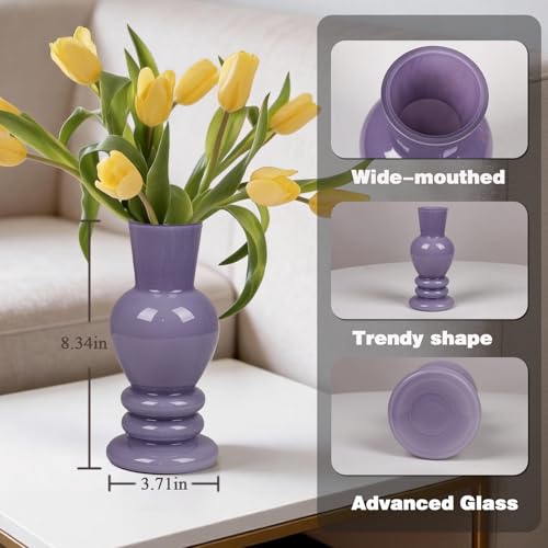 Handmade Glass Vase with Porcelain-Like Finish 8" Roman Column Vase for Flowers Matte Morandi Mother's Day Vase for Modern Home Decor Easter Table Decorations (Lavender) - color: Lavender