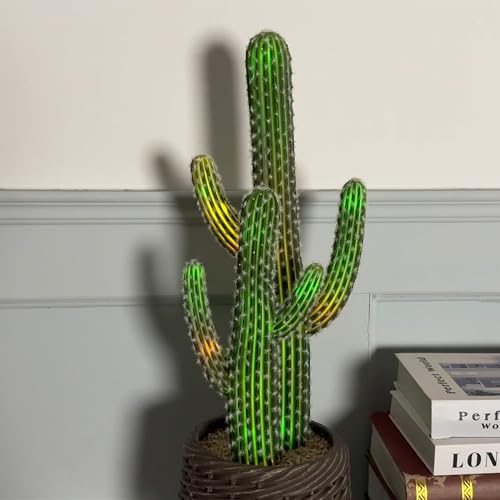 bellacat 25in Fake Cactus with Warm White & Color Changing Lights, Realistic Faux Cactus Plants Indoor with Brown Decorative Planter, Artificial Cacti Light Up Plant for Home Decor - color: Brown Decorative Planter, size: 25in