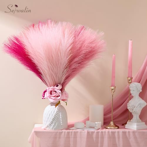 Serwalin 60Pcs Hot Pink & Blush & Pink Pampas Grass Decor, 17.7'' Faux Pampas Grass, Artificial Pompous Grass Bulk Vase Filler Flower Arrangement for Boho Home Wedding Decor - color: C Hot Pink