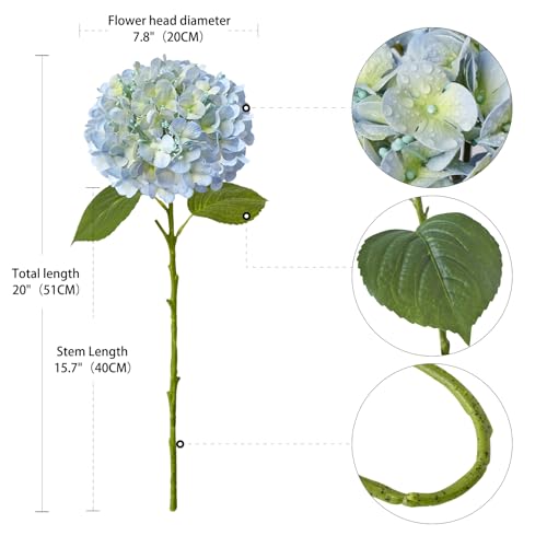 ZYTUYO 20" 4PCS Artificial Light Blue Hydrangea Flowers Large Faux Latex Real Touch Fake Hydrangeas Silk Bouquet with Leaves Stems for Family Table Office Wedding Party Arrangements - color: Light Blue
