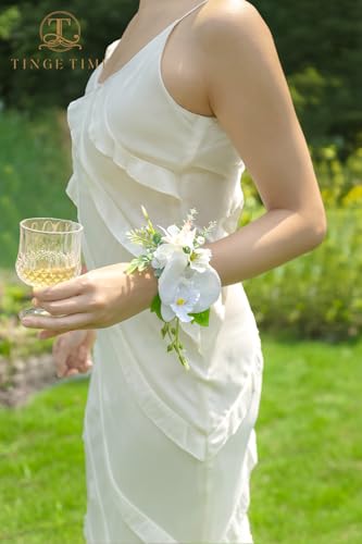 TINGE TIME Set of 2 Wrist Corsage Bracelets Pearl Wristlet Band Bridesmaid Bracelet for Wedding Ceremony Bridal Shower Wedding Artificial Flower Prom (IvoryWhite) - color: Ivory White