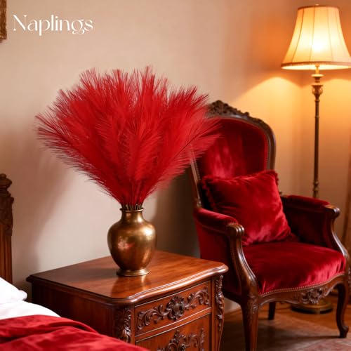 50pcs Red Pampas Grass 21.6 Inch Non-Shedding Faux Pampas for Bold Passionate Home, Vibrant Boho Weddings and Rich Tone Vase Arrangements - color: Red