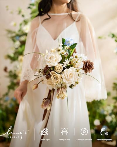 Ling's moment Fake Flowers Box, Faux Gardenia Artificial Daisy Foam Roses Silk Lily for Centerpieces Bouquet Wedding Floral Arrangements Bridal Shower Party, Tawny Beige & Earth Brown, Deluxe Combo - color: Beg-tawny Beige & Earth Brown, size: Deluxe