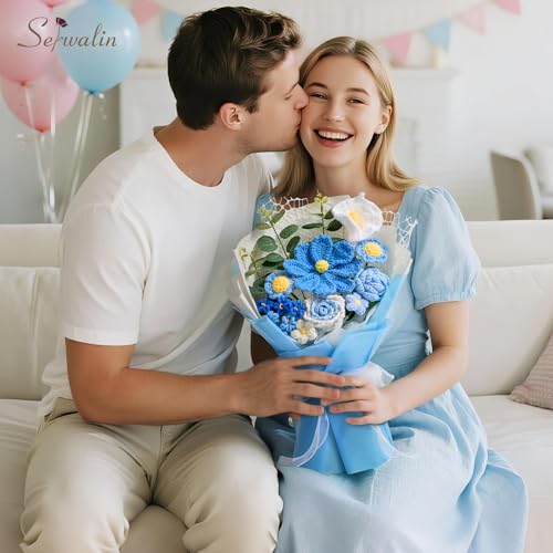 Serwalin Crochet Flower Bouquet, Blue Knitted Flowers,Roses Crochet Flowers for Valentine Day Lover Wedding Anniversary Birthday Mother’s Day Back-to-School or Graduation Ceremonies Gift (with Card) - color: Blue