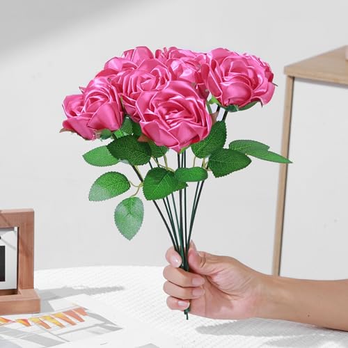 100 Pcs Pre-Made Satin Ribbon Rose Petals, DIY Half-Finished Flowers for Eternal Rose Bouquets, Wedding, Anniversary Birthdays Party Decorations - color: 100 Pcs Hot Pink