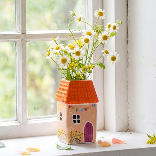 Remerry Ceramic House Shape Vase 2.4 x 3.8 Inch Mini Handmade Vase Decorative Small Flower Container for Living Room Bedroom Farmhouse Home Table Decor Cute Birthday Gift (Orange) - color: Orange