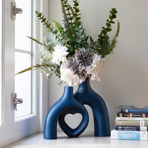 Liotww Snuggle Hollow Decorative Ceramic Vase, 8.3 Inch Hug Donut Modern Nordic Boho Style Vases for Aesthetic Home Decor, Anthropologie Living Room Shelf Coffee Table Décor (Navy Blue) - color: Heart - Navy Blue