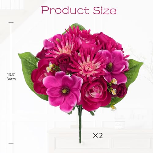 Briful Artificial Flowers Bouquet - 2 Pack Hot Pink Faux Silk Floral Arrangement Fake Magnolia Chrysanthemum Rose Mixed Flower for Home Office Room Vase Memorial Cemetery Outdoor Decor - color: Hot Pink