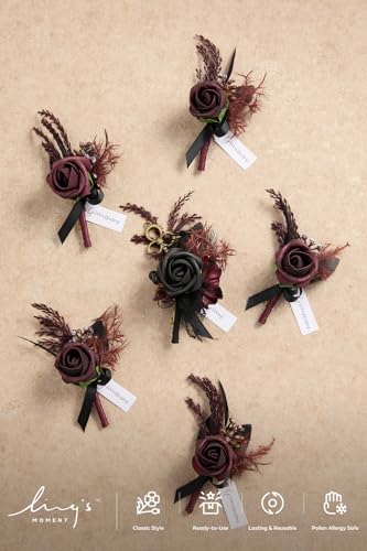 Ling's Moment Boutonniere for Men Wedding,Set of 6 , Groom and Groomsmen Boutonniere for Wedding Homecoming Halloween Ceremony Anniversary, Dinner Party, Prom Flowers and Fall Vintage Wedding - color: Blk-black & Gothic Burgundy