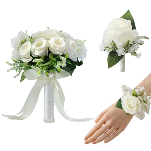 Bride/Bridesmaid Bouquets with Corsage & Boutonniere for Wedding | 8Inch Ivory White Artificial Roses Flowers Bridal Bouquet for Wedding Church Decoration, Ceremony, Anniversary, Home Decor - color: Ivory Bride Bouquets With Corsage & Boutonniere Set