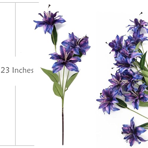 Artificial Lily Flowers, Fake Silk Flower Long Stem Artificial Stargazer Lilies with Full Bloom Faux Tiger Bouquets for Home Decor Wedding Party Hotel Floral Arrangement DIY Decoration – Purple 4 Pack - color: Lily Flowers - Purple 4 Pcs