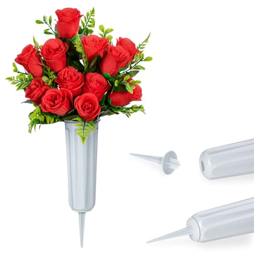 XONOR Artificial Cemetery Flowers, Set of 2 Artificial Rose Bouquet Grave Memorial Flowers with Vase for Cemetery Headstones Decoration (Red) - color: Red