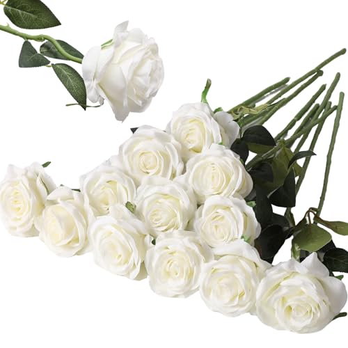Hawesome 12PCS Artificial Silk Flowers Realistic Roses Bouquet Long Stem for Home Wedding Decoration Party (White, 12Pcs Flowers) - color: White, size: 12Pcs Flowers