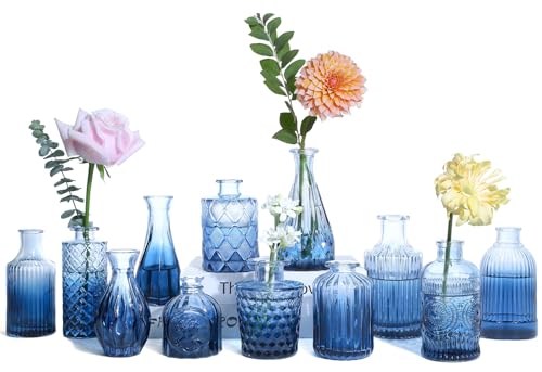 UPBUD Glass Blue Bud Vases Set of 12, Mini Flower Vase for Centerpieces, Small Glass Vases in Bulk for Bridal Shower Decorations, Vintage Vase for Wedding, Party, Graduation, Home Table Décor - color: Standard-blue, size: 12pcs
