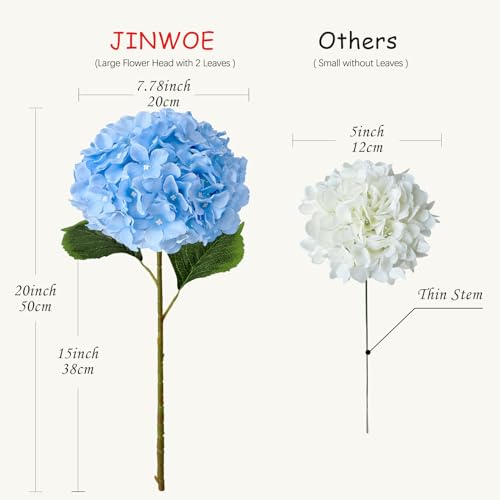 JINWOE Blue Flowers Hydrangea Artificial Flowers, 5Pcs 20Inch Large Lifelike Silk Artificial Hydrangeas, Full Fake Flowers for Bouquet Table Centerpieces Wedding Indoor Home - color: Blue