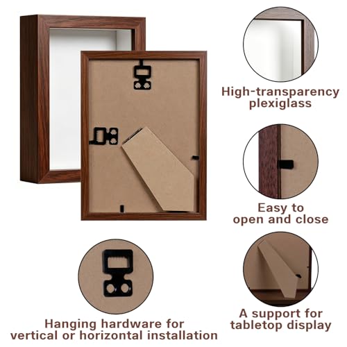 5x7 Shadow Box -2Pack Walnut Color Wooden Deep Picture Frame with Shatter-Resistant Panel for Wall Decor | 3D Display Case for Flowers, Photos and Crafts | Easy to Open & Ready to Hang Gift Idea - color: Walnut Color, size: 2Pcs 5x7in