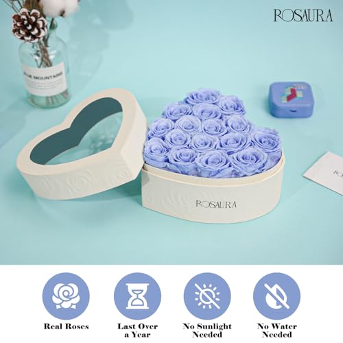 Rosaura Heart-Shaped Preserved Roses Gift Box - Real Forever Flowers for Christmas, Birthday, Valentine's & Mother's Day (Sky Blue, 16 roses) - color: Sky Blue, size: 16 roses
