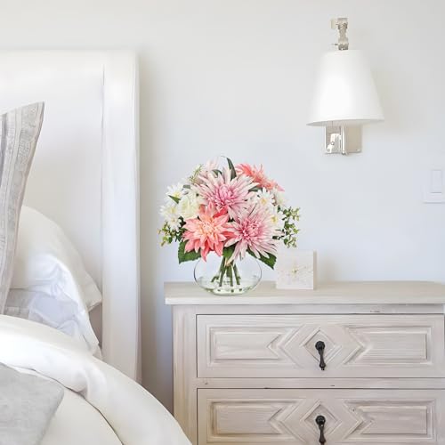 Briful Fake Flower Arrangement in Glass Vase, 11" Faux Dahlia Silk Flowers Centerpiece Table Decorations Pink Mixed Floral Bouquet for Home Office Dining Room Coffee Table Wedding Decor - color: White Pink