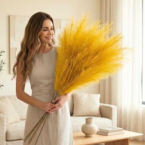 RyddeligHome Gold Pampas Grass Decor Living Room Holiday Decor, Home Accent Decor, Gold Feathers Floral Picks, Faux Pampas Grass Tall Large Fluffy, 3 Stems x 115cm/45in