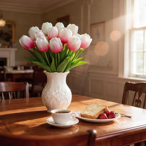 20 Pcs Tulips Artificial Flowers, 13.5'' Real Touch PU Fake Flowers Bouquet for Home Party, Spring Wedding Floral Arrangement, Valentine's, Easter and Mother's Day Decor (White Rose Red) - color: White Rose Red