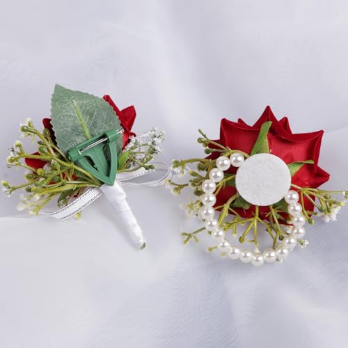 Alizeal 2Pcs of Wrist Corsage and Boutonniere Set, Artificial Flowers Accessories Suit Decor for Wedding Prom Party Homecoming Ceremony, Wine Red - color: 701-wine Red