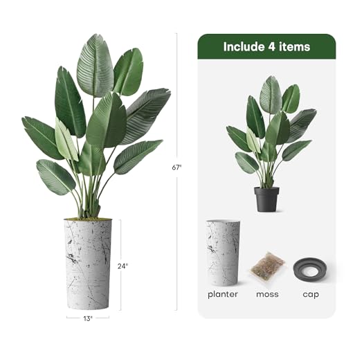 Artificial Tree in Abstract Ink Planter, Fake Bird of Paradise Silk Tree for Indoor and Outdoor Home Decoration - 67" Overall Tall (Plant Pot Plus Tree) - style: Bird of Paradise
