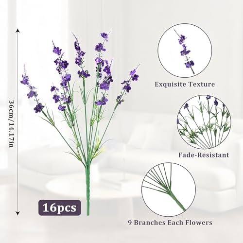 Artificial Lavender, 16 Bundles, Purple, Faux Flowers | UV Resistant, For Outdoors, Garden Porch Patio Window, Hanging Planter, Realistic