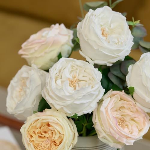 WILD WORKS Artificial Austin Roses, 4 Pcs Real Touch Fake Flowers with Moist Fabric Petals, 17.7 Inch Fake Peonies for Mother's Day Wedding Home Decor (White) - color: White 4pcs