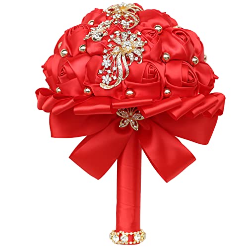 WIFELAI-A Golden Rhinestone Brooch Wedding Flowers Bridal Bouquets Crystal Bride Holding Bouquet White Ivory Satin Roses with Diamond - color: Red