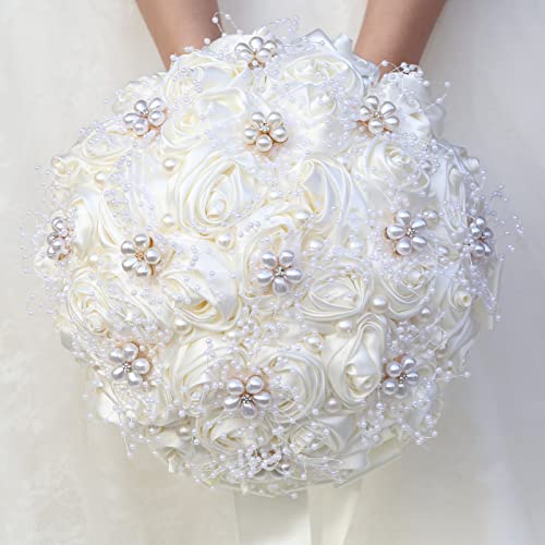 Ivory Bridal Wedding Bouquet Handmade with Rhinestone Pearl Ribbon Satin Rose Flower Bouquet for Bride Bridesmaid Quinceanera Bouquet Wedding Ivory 7.5in - color: Ivory (Medium Size: Dia.7.5")