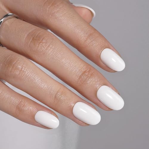 32Pcs Soft Gel Press on Nails for Women, Solid All White, Short Oval | Solid Color Glossy False Fake Nails Press Ons for Office Daily Wear, Salon Quality Reusable Glue & Stick on Nail Gift Kit - color: 5K-Solid All White