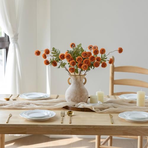 mizii 6Pcs Orange Fake Silk Pompon Mum Artificial Flowers Bulk Small Faux Chrysanthemums with Stems Floral Decorations for Wedding DIY Bouquet Centerpieces Shower Vase Home Decor (Burnt Orange) - color: Burnt Orange