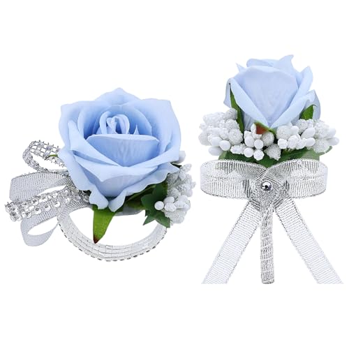2Pcs Light Blue Rose Corsage and Men Boutonniere Set Women Wristlet Band Wrist Bracelets, for Prom Wedding Ceremony Flowers Decorations and Homecoming Party Accessories - color: Light Blue, size: 1 Boutonniere & 1 Wrist Corsage