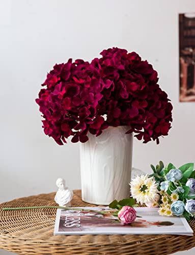 DuHouse 8.7" Silk Hydrangea Artificial Flower Heads with Stems Fake Hydrangeas Flowers for DIY Wedding Centerpiece Home Decor,Pack of 6 (Burgundy) - color: Burgundy