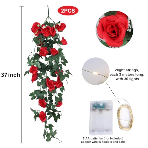 RECUTMS Artificial Red Roses Hanging Flowers Plants, 2 pcs 3.3 Ft Fake Silk Floral Ivy Garlands with 30 Fairy String Lights Greenery for Home Room Garden Wedding Arch Indoor Outdoor Wall Party Decor - color: Red, size: 2 pcs light