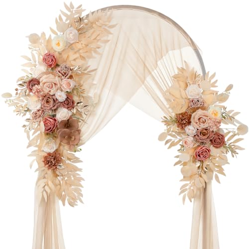 Lisuun Artificial Wedding Arch Flowers with Chiffon Runner, Pack of 3 | Includes 2 Flower Swags, 1 20ft Chiffon Runner and Zip Ties for Wedding Arches, Arbors and Backdrops - color: Champagne