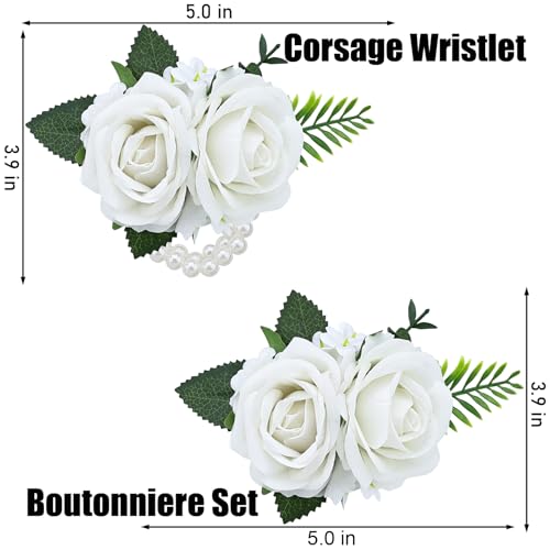 2Pcs White Artificial Rose Wrist Corsage Wristlet Band and Boutonniere Set, for Wedding Bride Bridesmaid Flowers Accessories Prom Party Men Groom Groomsmen Suit Decor - color: White