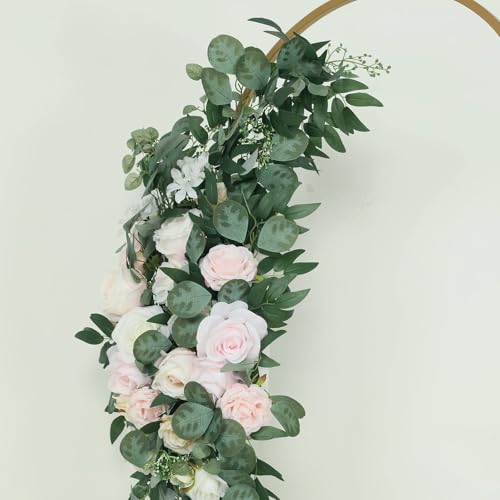 Efavormart Set of 2 Large Cream Blush Silk Rose Floral Swags with Eucalyptus Greenery, Premium 24" and 42" Artificial Flower Arrangements for Boho-Luxe Wedding Arch Staging - color: Type20