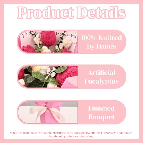 Crochet Flowers Bouquet for Her Handmade Crochet Tulips Artificial Eucalyptus Includes Handheld Gift Box and Card for Home Decor Anniversary Birthdays Mother's Day Graduation Gifts (Pink) - color: Pink