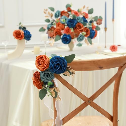 Garisey Artificial Flowers Combo for DIY Wedding Bouquets Combo Centerpieces Arrangements Party Bridal Baby Shower Home Decorations-Teal&Terracotta - color: Teal & Terracotta