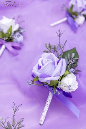 Fnize Purple Boutonniere for Men, 6 Pcs Groom Groomsmen Boutonnieres, Artificial Flowers for Wedding Prom Homecoming - color: Purple