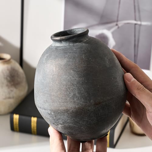 PORCER Ceramic Flower Vase, 6.22 Inch Rustic Farmhouse Vase Home Decor, Handcrafted Vintage Pottery Vase, Small Terracotta Vases for Living Room, Table, Shelf, Fireplace - Black Bronze - color: Black Bronze- 6.22"