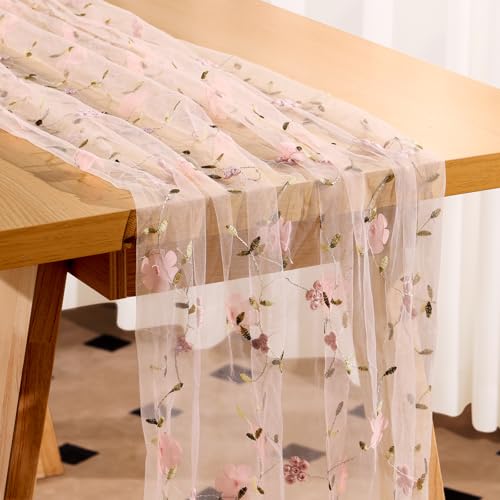 Embroidery Floral Table Runner Rustic Spring Summer Wildflower Tulle Table Runner Vintage Flower Kitchen Dining Tabletop Runners Decoration for Home Wedding Party, 108x24.5 Inch (Pink) - color: Pink, size: 108*24.5 inch