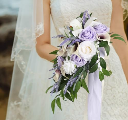 Wedding Bouquet,11 Inch Bridal Bouquet Cascading Wedding Bouquets for Bride for Wedding Ceremony and Anniversary(Lilac & White) - color: Lilac & White