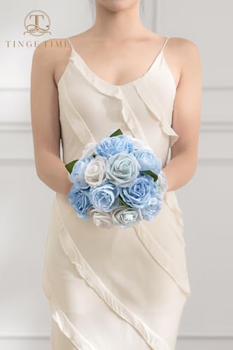 TINGE TIME Rose Artificial Flowers Combo, 23pcs Light Blue Gradient Fake Flowers with Stems for DIY Wedding Bouquets Table Centerpieces Baby Shower Home Party Floral Arrangements Decorations - color: Bluenew