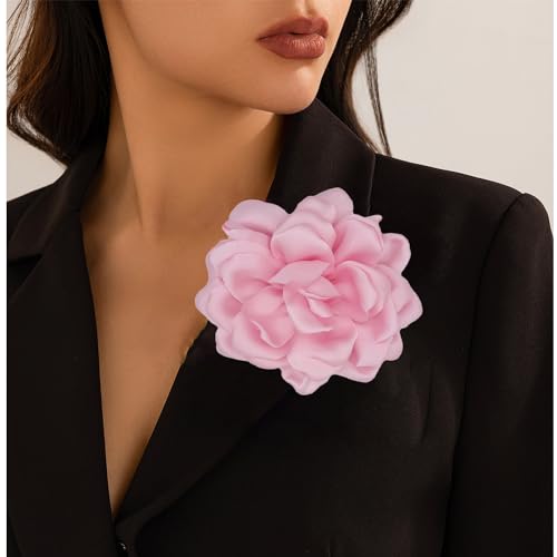 Large Flower Brooches Lapel Pins for Women Satin Fabric Brooches Big Camellia Flower Brooch Pins Wedding Part Dance Clothes Accessories Jewelry Gifts - color: pink
