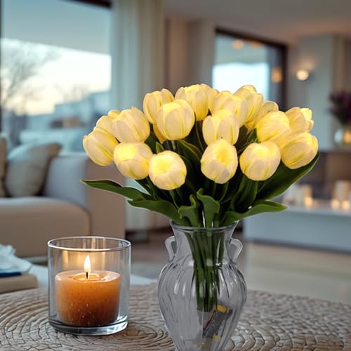 HOMESEASONS 20 Stems LED Lighted Artificial Flowers Tulip Lamp Real Touch Tulips Faux Flower Lights for Valentine's Day and Easter Home Kitchen Wedding Dining Table Decor(White) - color: White