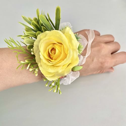 Corsage and Boutonniere Set, Handmade Artificial Peony Rose Wrist Corsage Wristlet and Groom Boutonniere for Men Wedding Prom Suit Decorations (Yellow & Green) - color: Yellow & Green
