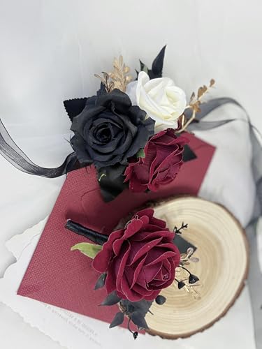 Wedding Flower Set with Rose Corsage and Boutonniere for Men (Black & Burgundy) - color: Black & Burgundy