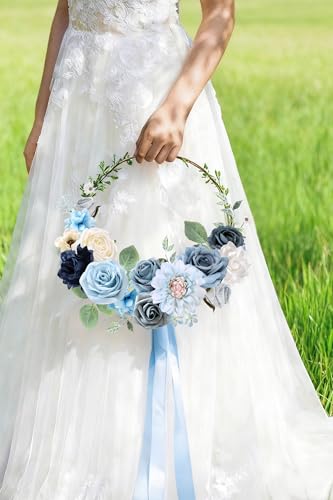 rongflower Blue Artificial Flowers Combo Box Set Silk Flowers Fake Rose for DIY Floral Arrangements Wedding Bouquets Centerpieces Baby Shower Party Home Decorations - color: Blue